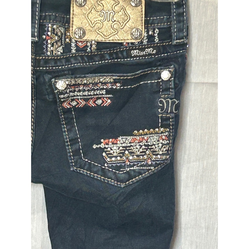 Miss Me Womens Skinny Jeans Dark Wash Aztec Embellished Rhinestone Size 24 - Picture 8 of 10